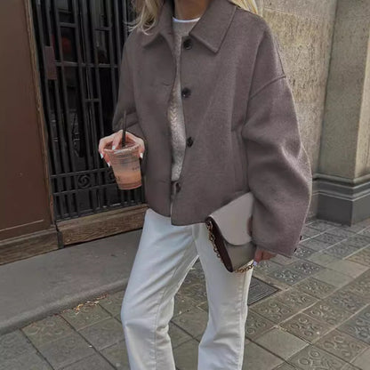 Lapel Long Sleeve Short Button Coat Fashion Women Baggy Casual Jacket