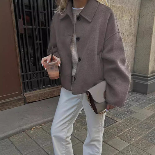 Lapel Long Sleeve Short Button Coat Fashion Women Baggy Casual Jacket